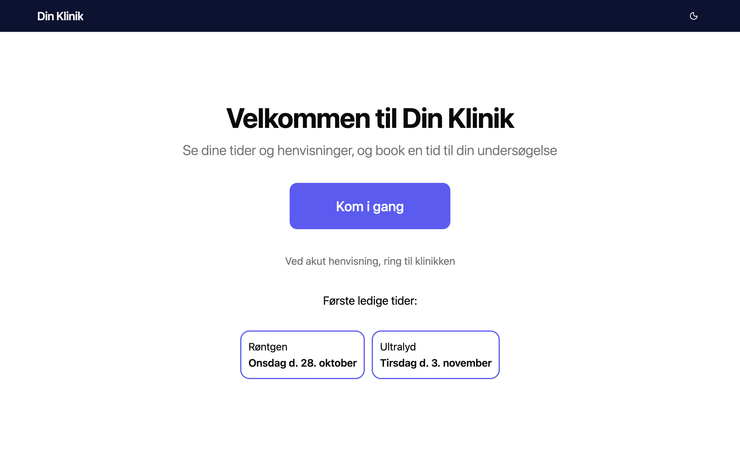 Klinikkens bookingside med knappen Kom i gang og de første ledige tider.