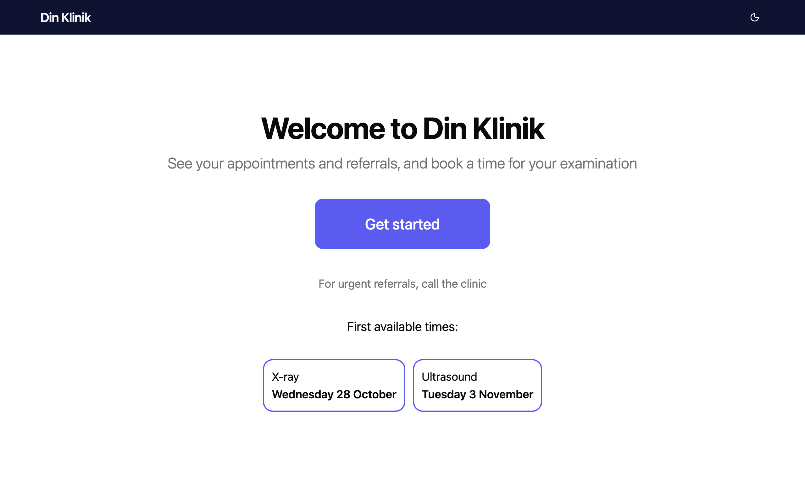 The clinic's booking page with a Get started button and the first available times.