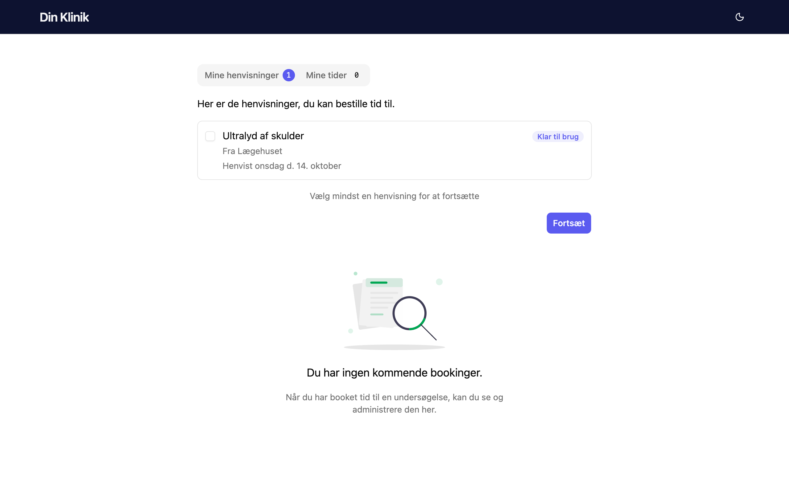 Oversigt over patientens henvisninger, klar til booking.