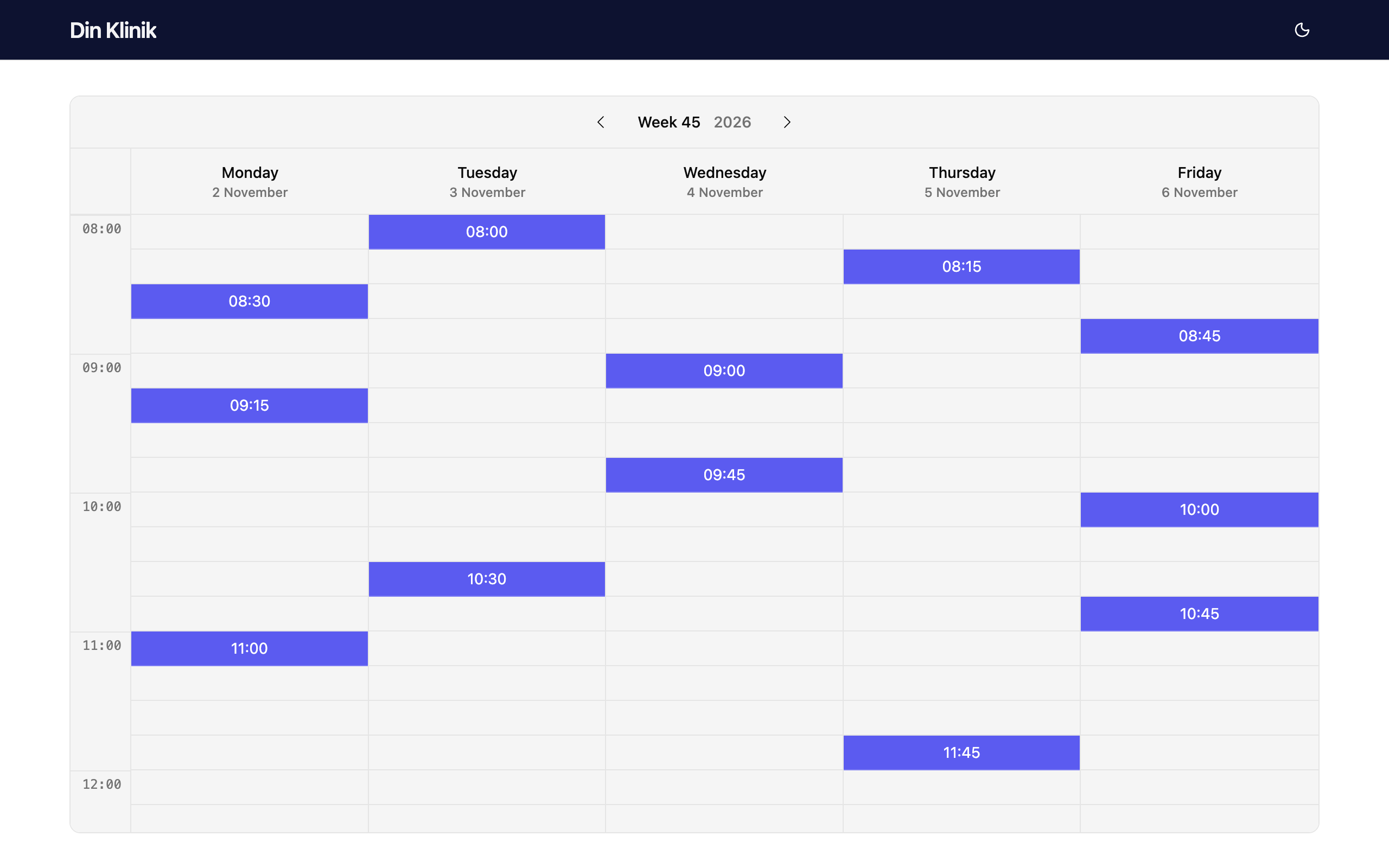 Week calendar with the available times for the examination.