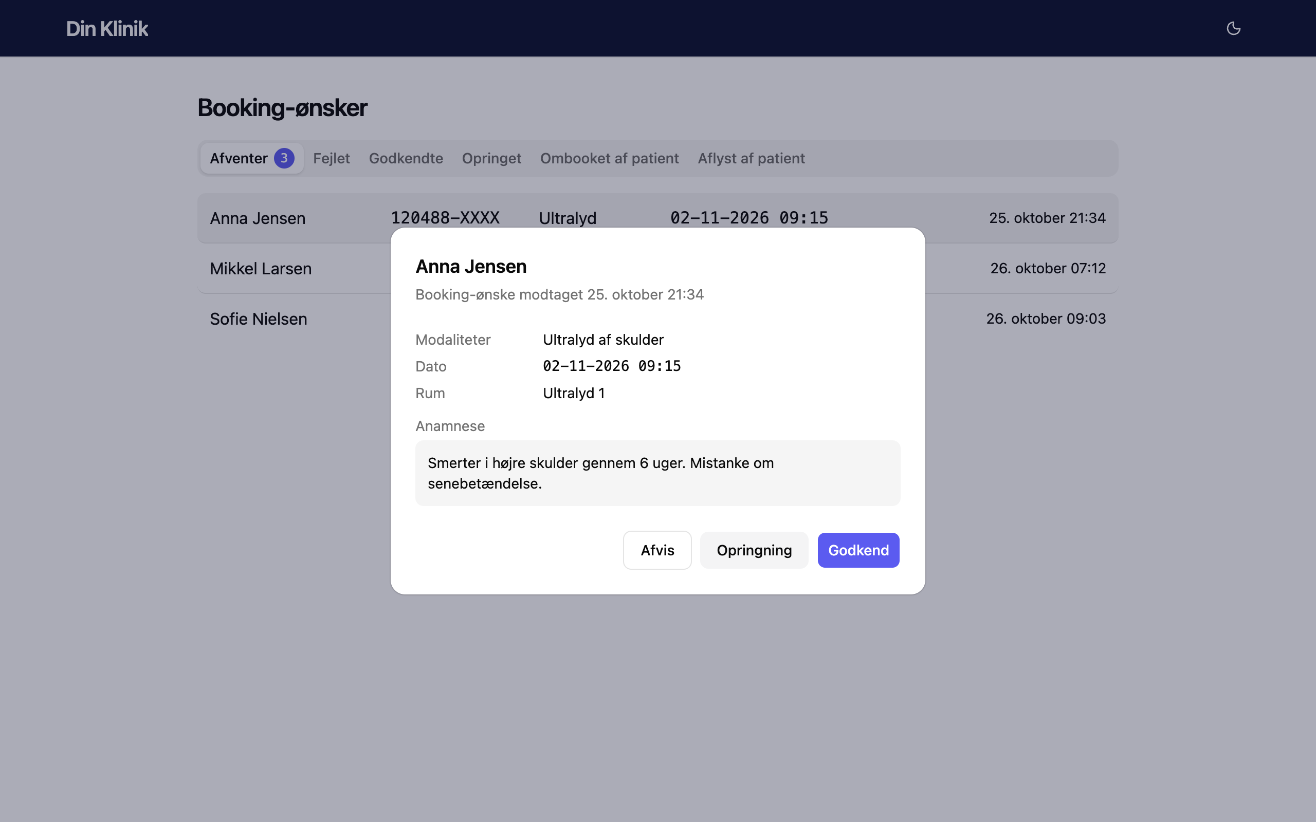 Klinikkens liste over booking-ønsker med en åben anmodning og knappen Godkend.
