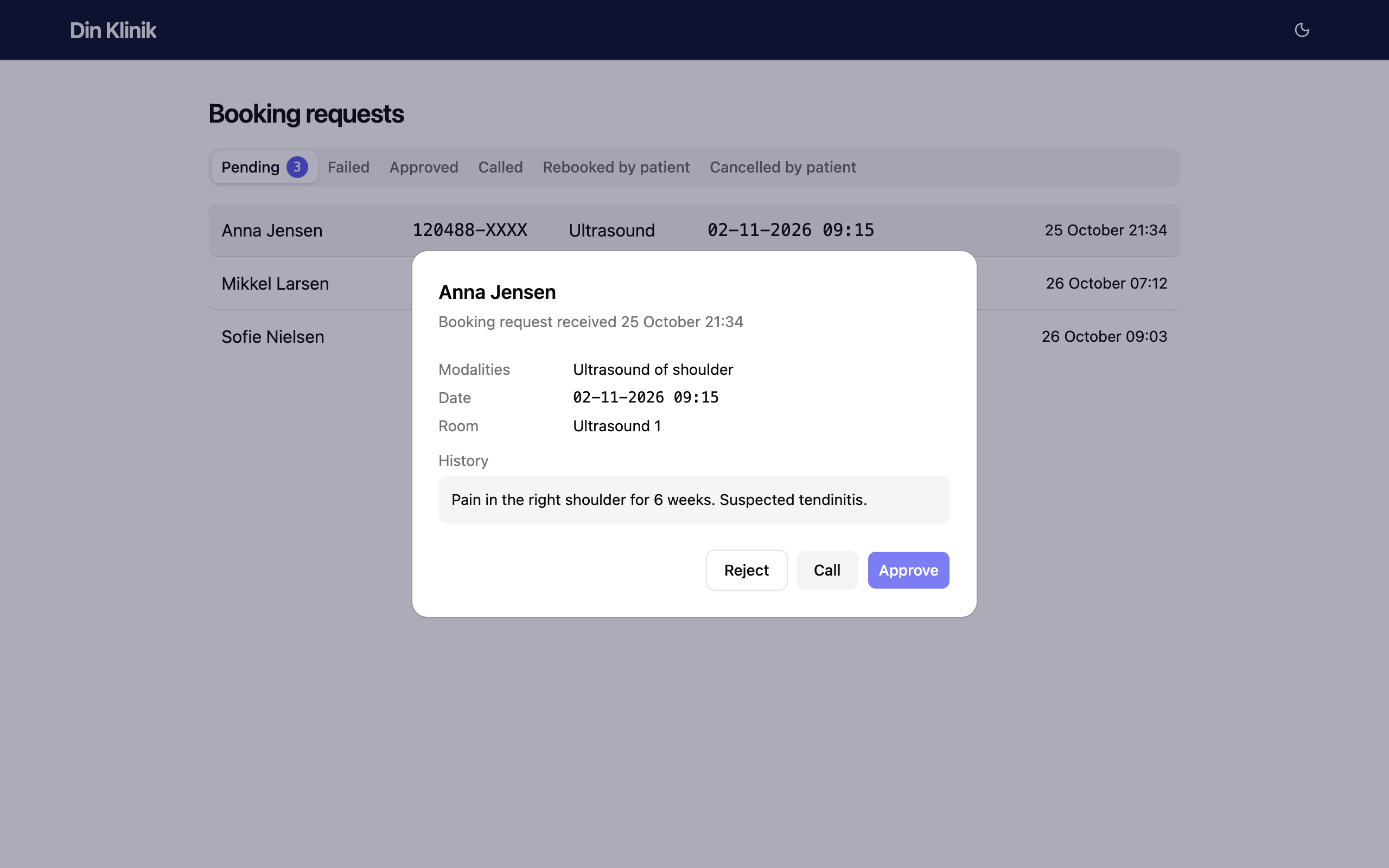The clinic's list of booking requests with one request open and an Approve button.