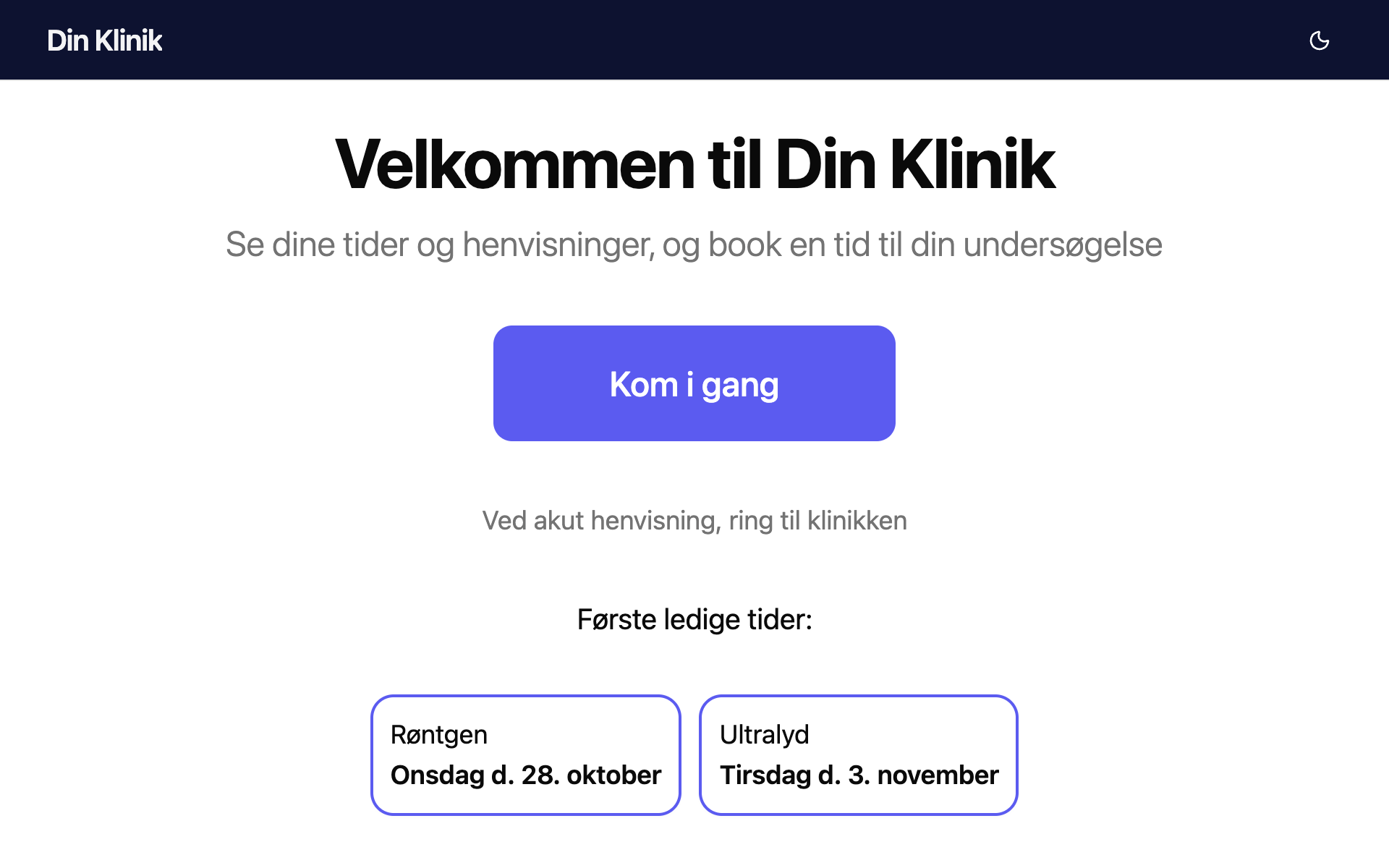 Bookit i browseren: klinikkens bookingside med de første ledige tider.