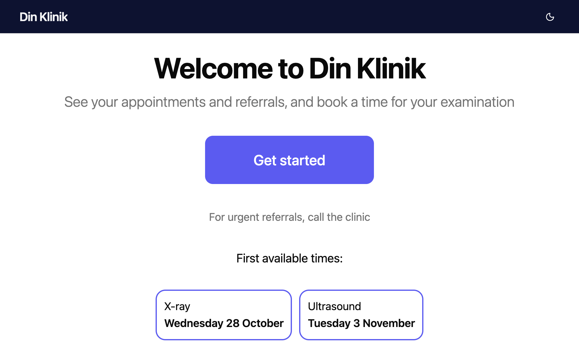 Bookit in the browser: the clinic's booking page with the first available times.