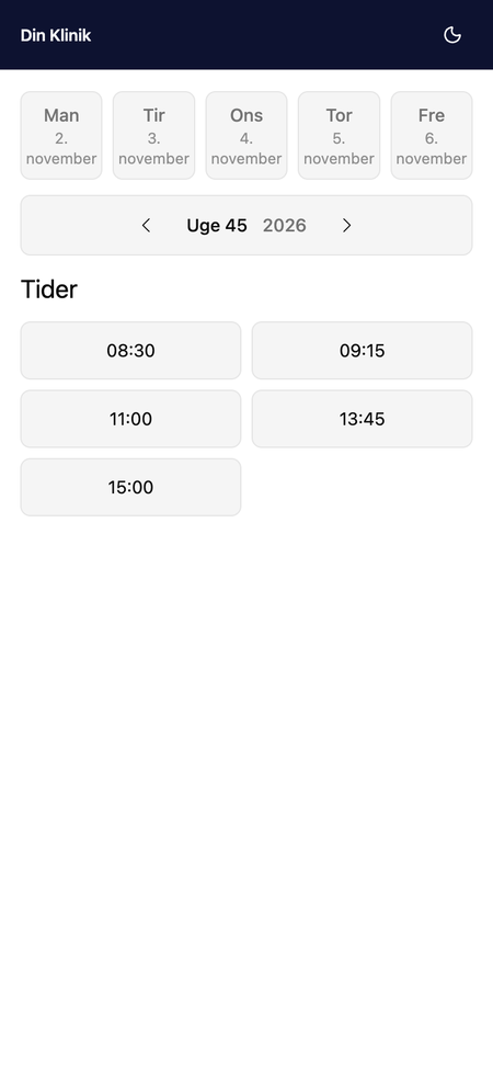 Bookit på mobilen: ugekalender med ledige tider.