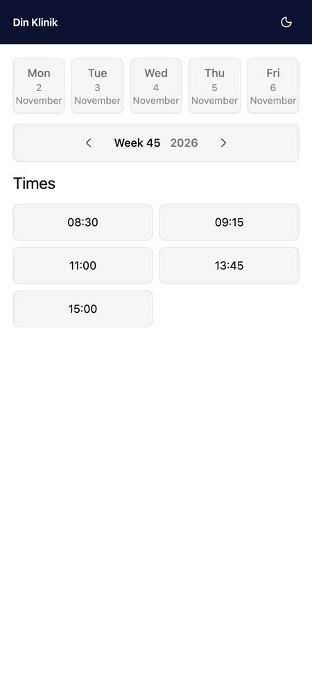 Bookit on a phone: week calendar with available times.